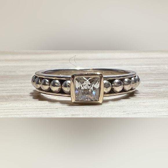 Designer ATR Sterling Silver & 14K Gold CZ Pebbled Band Ring, Size 6.75, 2g - Picture 2 of 11